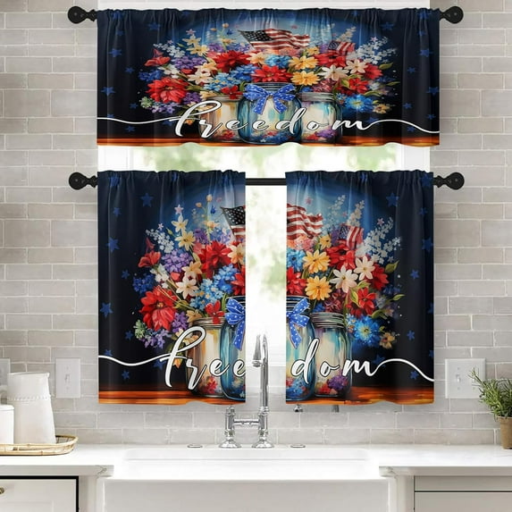4th of July Kitchen Curtains Painting Window Curtains Valance and Tier Set 36 Inch, Patriotic Flower Pot American Flags Rod Pocket Short Tier Curtain for Room, Independence Day Kitchen Decor