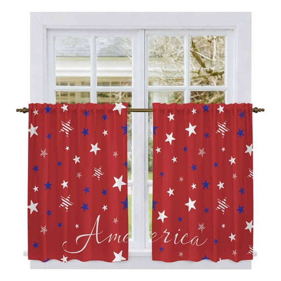 4th of July Kitchen Curtains, Red Independence Day White Blue Star Light Filtering Window Curtain Panels, 2Pcs Rod Pocket Window Treatments Set for RV Dining Room Study Room 42x45 Inches