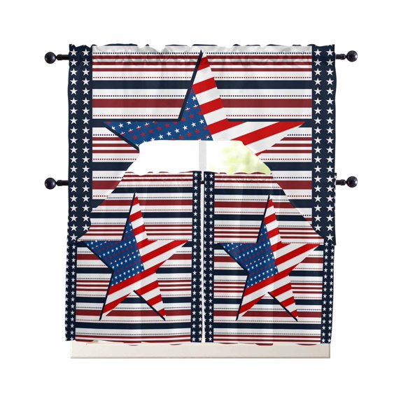 4th of July Kitchen Curtains Sets 24 Inch Length with Valance, Independence Day American Flag Star Striped Swag Valances and Tiers Curtain Set Drapes Swag Curtains for Living Room, Bathroom, Bedroom