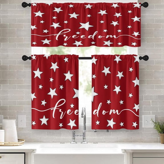 4th of July Kitchen Curtains Stars Red Window Curtains Valance and Tier Set 36 Inch, Freedom Patriotic Independence Day Rod Pocket Short Tier Curtain for Room, Memorial Holiday Kitchen Decor