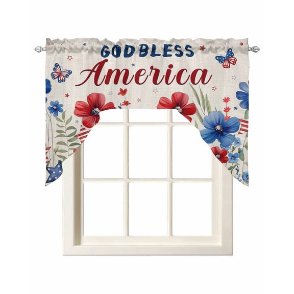 4th of July Kitchen Curtains Swag Valance for Windows/Bathroom/Cafe, Independence Day Red Blue Floral Rustic Rod Pocket Drape Panel Swag Curtain Valance for Bedroom/Living Room 55''x36''