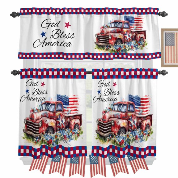 4th of July Kitchen Curtains Valances 3 Piece Set, God Bless USA Rod Pocket Tier Curtain and Valance Drapes for Small Window 24 Inch Length for Bedroom Cafe