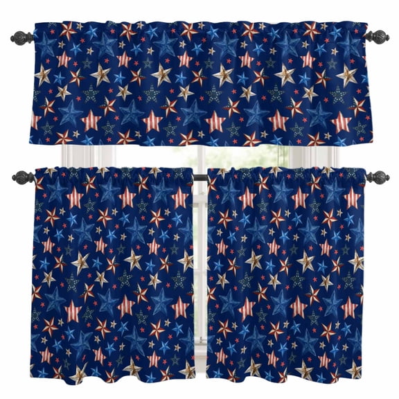 4th of July Kitchen Curtains Valances 3 Piece Set, Mottled Usa Flag Striped Stars Memorial Day Navy Blue Rod Pocket Tier Curtain and Valance Drapes for Small Window 36 Inch Length for Bedroom Cafe