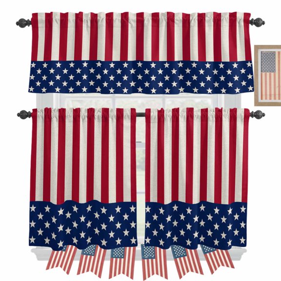 4th of July Kitchen Curtains Valances 3 Piece Set, Patriotic USA Flag Star Rod Pocket Tier Curtain and Valance Drapes for Small Window 24 Inch Length for Bedroom Cafe