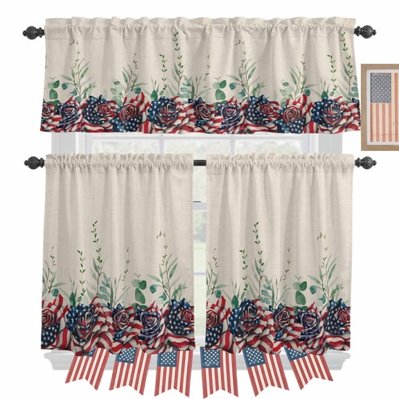 4th of July Kitchen Curtains Valances 3 Piece Set, USA Flag Rose Rod Pocket Tier Curtain and Valance Drapes for Small Window 24 Inch Length for Bedroom Cafe
