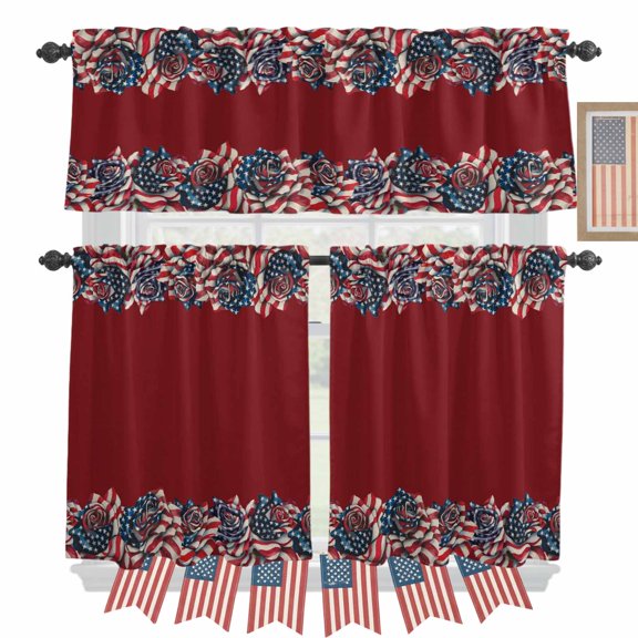 4th of July Kitchen Curtains Valances 3 Piece Set, USA Flag Rose Rod Pocket Tier Curtain and Valance Drapes for Small Window 36 Inch Length for Bedroom Cafe