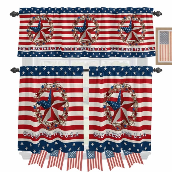 4th of July Kitchen Curtains Valances 3 Piece Set, USA Flag Star Red Stripes Rod Pocket Tier Curtain and Valance Drapes for Small Window 24 Inch Length for Bedroom Cafe