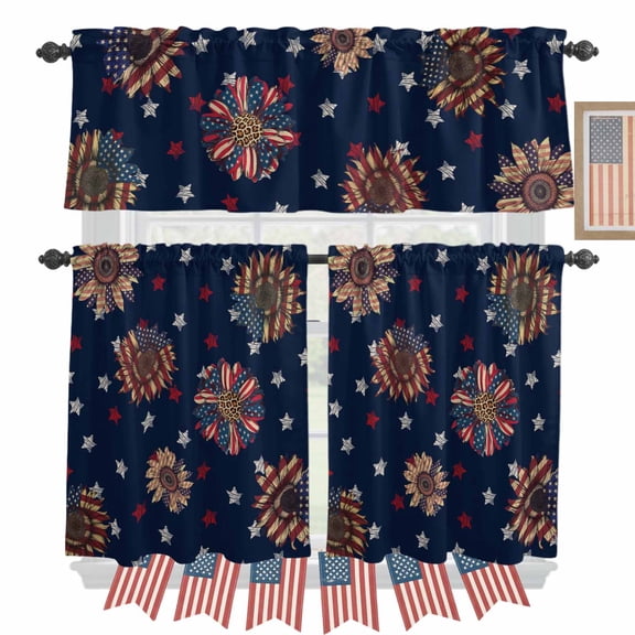 4th of July Kitchen Curtains Valances 3 Piece Set, USA Flag Sunflower Rod Pocket Tier Curtain and Valance Drapes for Small Window 24 Inch Length for Bedroom Cafe