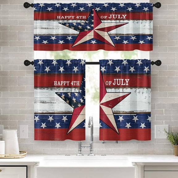 4th of July Kitchen Curtains Vintage Stars Window Curtains Valance and Tier Set 36 Inch, Patriotic Independence Day Rod Pocket Short Tier Curtain for Room, Rustic Small Cafe Kitchen Decor