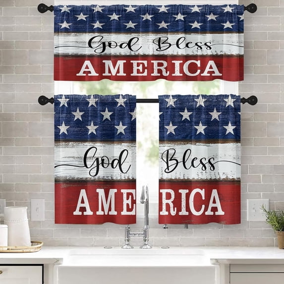4th of July Kitchen Curtains Vintage Window Curtains Valance and Tier Set 36 Inch, God Bless America Patriotic Independence Day Rod Pocket Short Tier Curtain for Room, Rustic Kitchen Decor