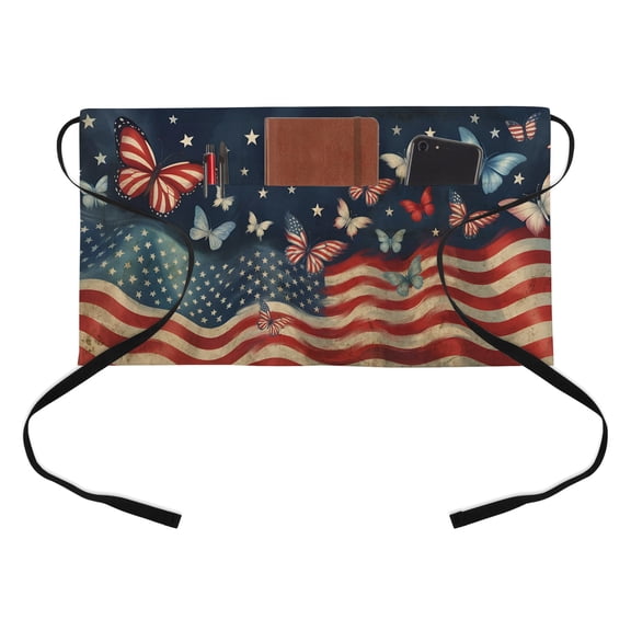 4th of July Kitchen Restaurant Half Waist Apron, Independence Day Patriotic Butterfly American Flag Server Short Apron with 3 Pockets Waterproof Oil Waist Aprons for Women Waitress Waiter
