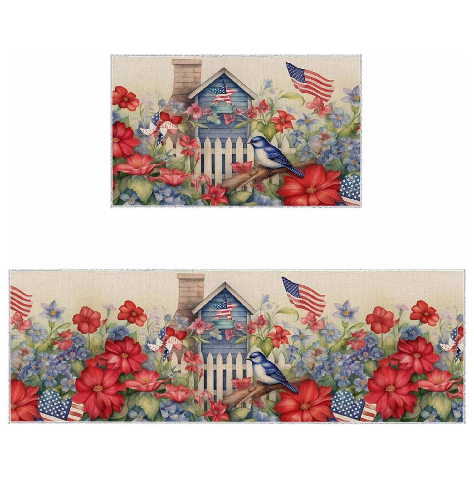 4th of July Kitchen Rugs and Mats Independence Day House Blue and Red