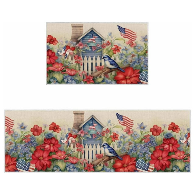 4th of July Kitchen Rugs and Mats Independence Day House Blue and Red