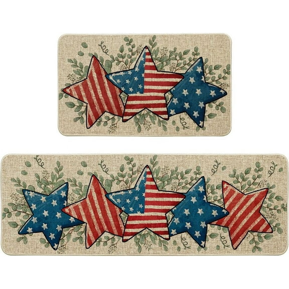 4th of July Kitchen Rugs Set 2 Pieces Independence Day Non Skid Kitchen Floor Rug and Mat Red Blue Kitchen Runner Rug Mat for Indoor Home Kitchen Decor 16"x47"+16"x24"