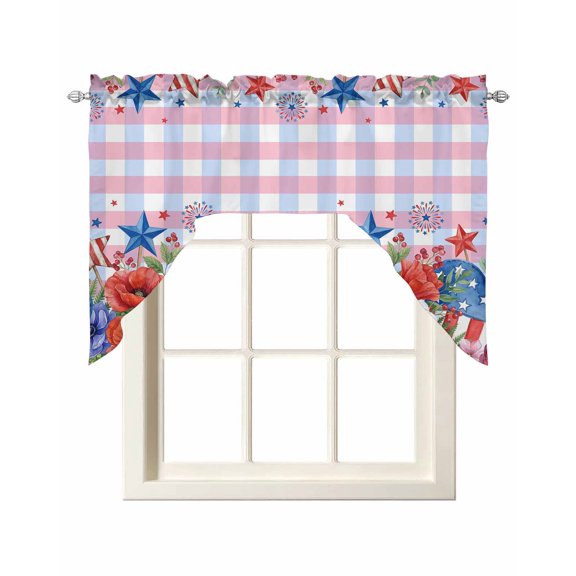 4th of July Kitchen Swag Valances for Windows, Independence Day Floral Checkered Stars Swag Valances Curtains for Living Room, Rod Pocket Window Treatments for Bathroom, Bedroom, Cafe, 56"x36"