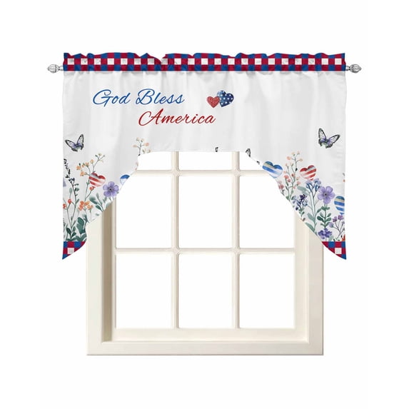 4th of July Kitchen Swag Valances for Windows, Independence Day Spring Floral Love Heart Plaid Swag Valances Curtains for Living Room, Rod Pocket Window Treatments for Bathroom, Bedroom, 56"x36"