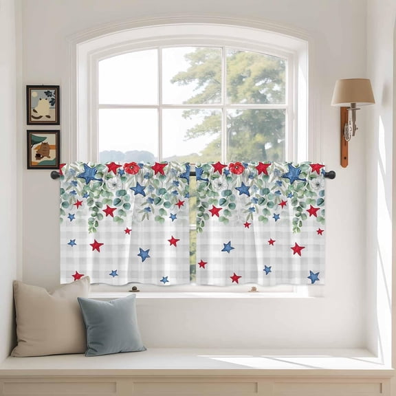 4th of July Kitchen Tier Curtains 24 Inch Long 2 Panel Set,Rod Pocket Cafe Small Window Curtains Over Sink,Independence Day Star Leaves Gray Plaid Short Drapes for Bathroom Cabinet 27.5"W x 24"L