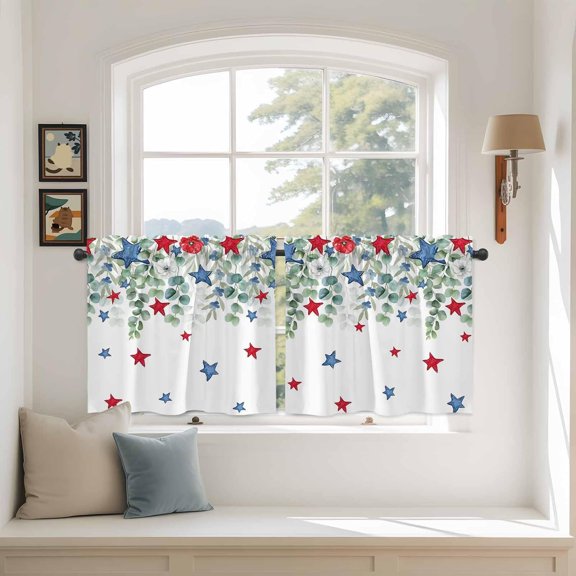 4th of July Kitchen Tier Curtains 24 Inch Long 2 Panel Set,Rod Pocket Cafe Small Window Curtains Over Sink,Memorial Day Patriotic Star Eucalyptus Leaf Short Drapes for Bathroom Cabinet 27.5"W x 24"L
