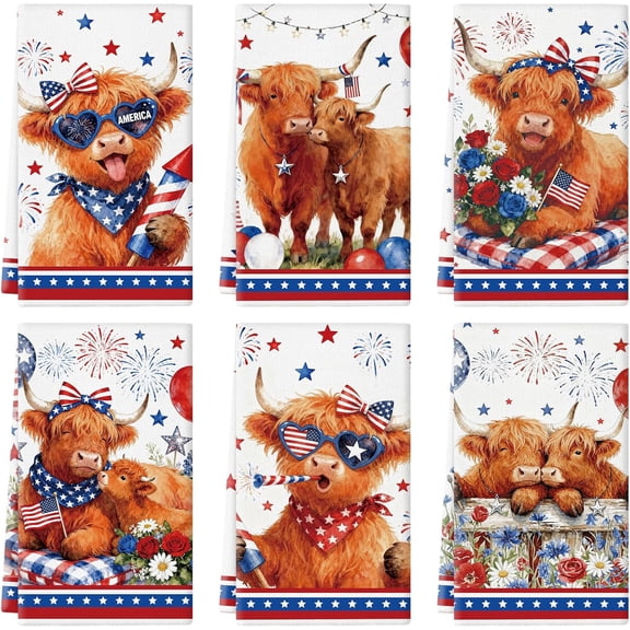 4th of July Kitchen Towels 18x26 Inch Highland Cow Dish Towels Memorial Day Independence Day Patriotic Drying Hand Towels Home Kitchen Decoration Set of 6