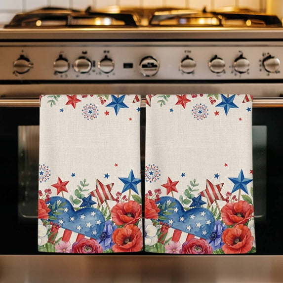 4th of July Kitchen Towels Set of 1, Red Blue Independence Day Floral Star Rustic Absorbent Dish Towels for Kitchen, Microfiber Hand Towel, Quick Drying Tea Towel for Cleaning Decorative Dishcloths