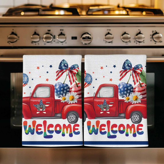 4th of July Kitchen Towels Set of 1, Red Truck Balloon Floral Cherry Watercolor Absorbent Dish Towels for Kitchen, Microfiber Hand Towel, Quick Drying Tea Towel for Cleaning Decorative Dishcloths