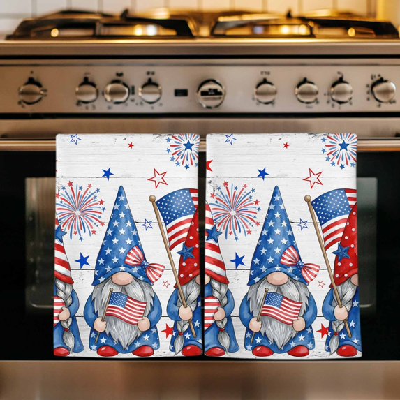 4th of July Kitchen Towels Set of 1, USA Flag Independence Day Blue Red Gnomes Absorbent Dish Towels for Kitchen, Microfiber Hand Towel, Quick Drying Tea Towel for Cleaning Decorative Dishcloths
