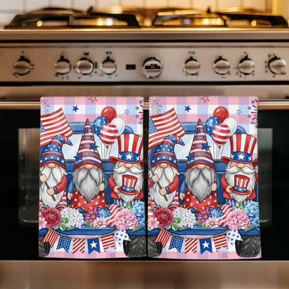 4th of July Kitchen Towels Set of 2, Independence Day Blue Red Plaid Gnomes Absorbent Dish Towels for Kitchen, Microfiber Hand Towel, Quick Drying Tea Towel for Cleaning Decorative Dishcloths