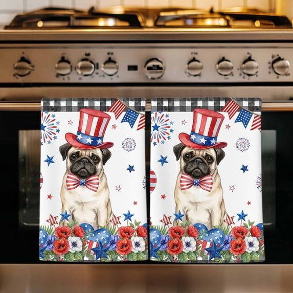 4th of July Kitchen Towels Set of 2, Independence Day Patriotic Flowers Dogs Absorbent Dish Towels for Kitchen, Microfiber Hand Towel, Quick Drying Tea Towel for Cleaning Decorative Dishcloths