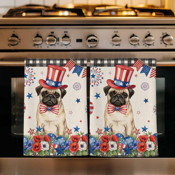 4th of July Kitchen Towels Set of 2, Independence Day Patriotic Flowers Dogs Beige Absorbent Dish Towels for Kitchen, Microfiber Hand Towel, Quick Drying Tea Towel for Cleaning Decorative Dishcloths