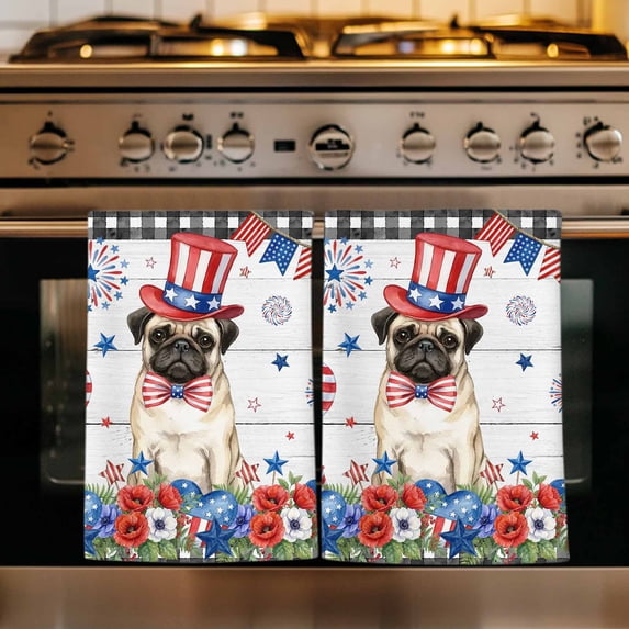 4th of July Kitchen Towels Set of 2, Independence Day Patriotic Flowers Dogs Grey Absorbent Dish Towels for Kitchen, Microfiber Hand Towel, Quick Drying Tea Towel for Cleaning Decorative Dishcloths