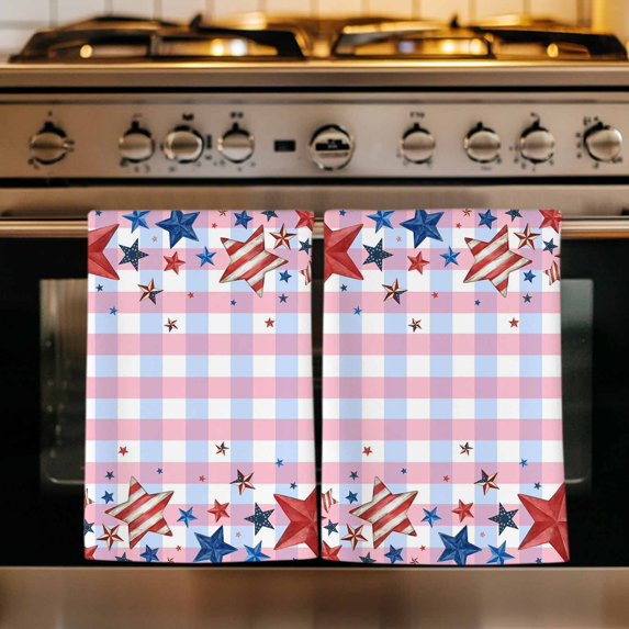 4th of July Kitchen Towels Set of 2, Independence Day Star American Pink Plaid Absorbent Dish Towels for Kitchen, Microfiber Hand Towel, Quick Drying Tea Towel for Cleaning Decorative Dishcloths