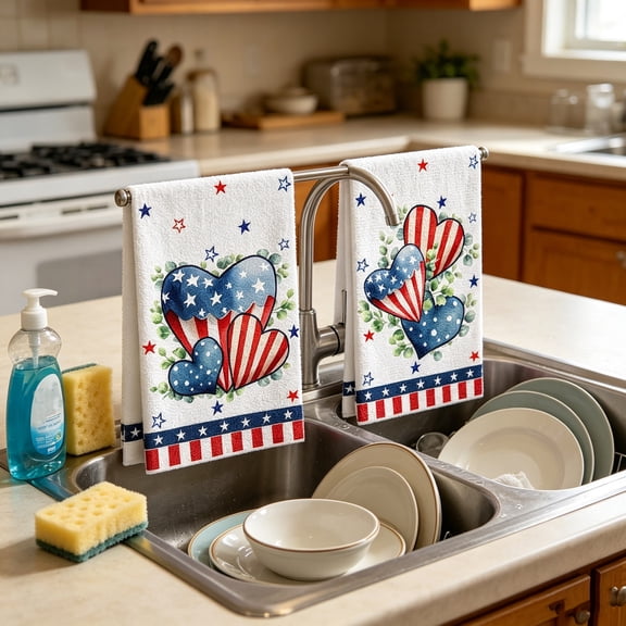 4th Of July Kitchen Towels Set Of 2, Patriotic Heart Flag Hand Towels Absorbent Microfiber Dish Towels, Reusable Quick Dry Holiday Kitchen Decor for Bathroom BBQ Party Home Decoration