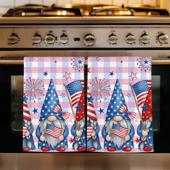 4th of July Kitchen Towels Set of 2, USA Flag Gnomes Independence Day Blue Red Absorbent Dish Towels for Kitchen, Microfiber Hand Towel, Quick Drying Tea Towel for Cleaning Decorative Dishcloths