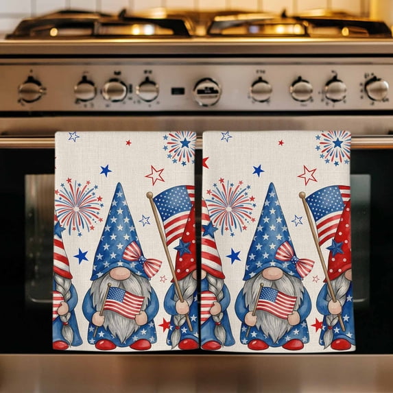 4th of July Kitchen Towels Set of 2, USA Flag Gnomes Independence Day Rustic Absorbent Dish Towels for Kitchen, Microfiber Hand Towel, Quick Drying Tea Towel for Cleaning Decorative Dishcloths