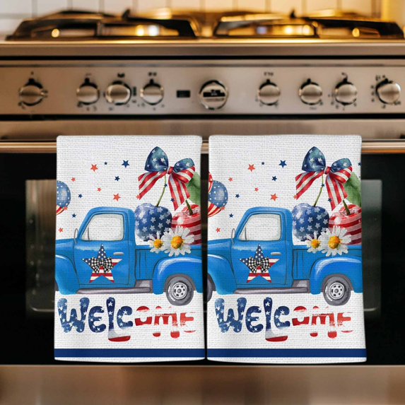 4th of July Kitchen Towels Set of 3, Blue Truck Balloon Floral Cherry Watercolor Absorbent Dish Towels for Kitchen, Microfiber Hand Towel, Quick Drying Tea Towel for Cleaning Decorative Dishcloths