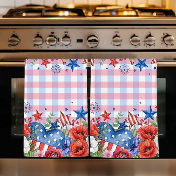 4th of July Kitchen Towels Set of 3, Independence Day Floral Checkered Stars Absorbent Dish Towels for Kitchen, Microfiber Hand Towel, Quick Drying Tea Towel for Cleaning Decorative Dishcloths