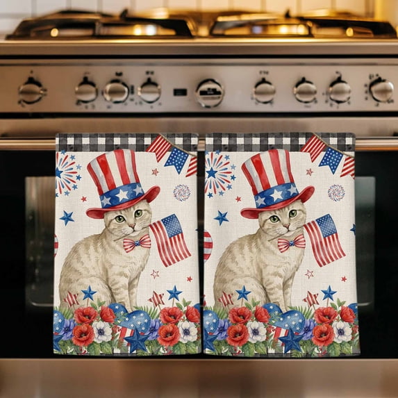 4th of July Kitchen Towels Set of 3, Independence Day Patriotic Flowers Cat Beige Absorbent Dish Towels for Kitchen, Microfiber Hand Towel, Quick Drying Tea Towel for Cleaning Decorative Dishcloths