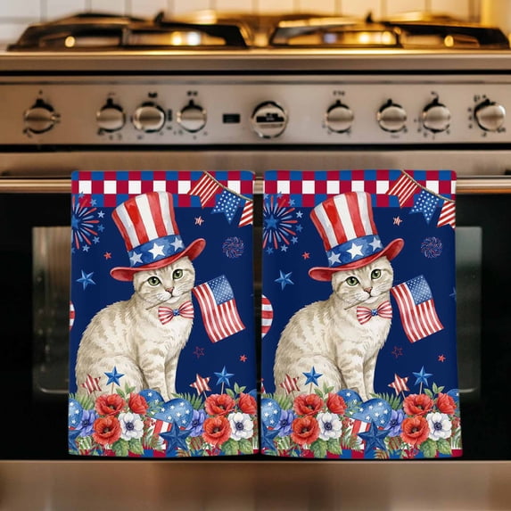 4th of July Kitchen Towels Set of 3, Independence Day Patriotic Flowers Cats Navy Blue Absorbent Dish Towels for Kitchen, Microfiber Hand Towel, Quick Drying Tea Towel for Cleaning Dishcloths