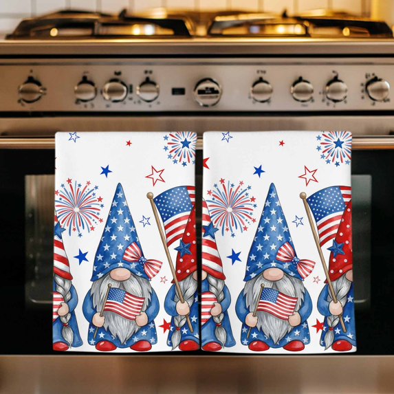 4th of July Kitchen Towels Set of 3, Red Blue Gnomes Independence Day Stars Striped Absorbent Dish Towels for Kitchen, Microfiber Hand Towel, Quick Drying Tea Towel for Cleaning Decorative Dishcloths