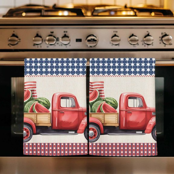 4th of July Kitchen Towels Set of 3, Red Truck Watermelon Patriotic Star USA Flag Absorbent Dish Towels for Kitchen, Microfiber Hand Towel, Quick Drying Tea Towel for Cleaning Decorative Dishcloths