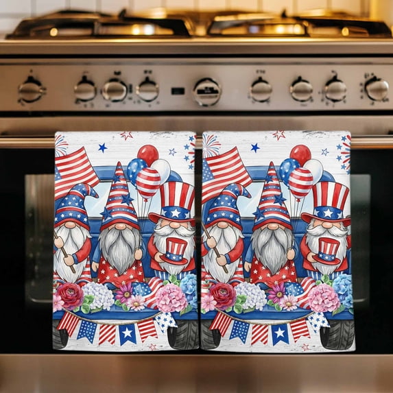 4th of July Kitchen Towels Set of 3, USA Blue Red Gnomes Independence Day Absorbent Dish Towels for Kitchen, Microfiber Hand Towel, Quick Drying Tea Towel for Cleaning Decorative Dishcloths