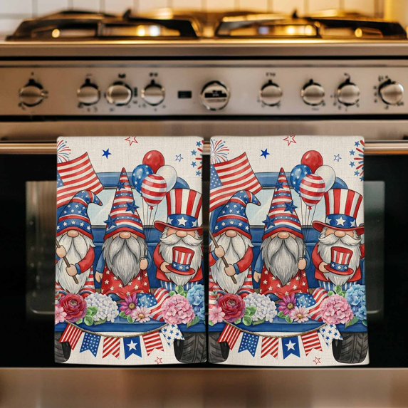 4th of July Kitchen Towels Set of 3, USA Flag Blue Red Independence Day Gnomes Absorbent Dish Towels for Kitchen, Microfiber Hand Towel, Quick Drying Tea Towel for Cleaning Decorative Dishcloths