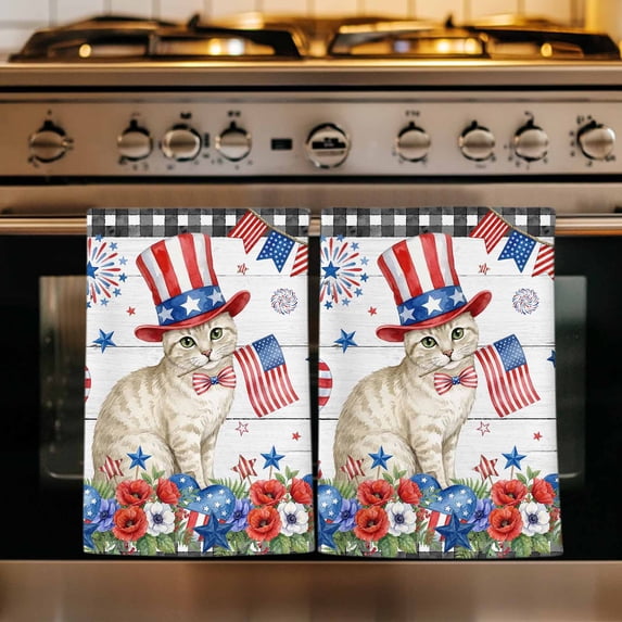 4th of July Kitchen Towels Set of 4, Independence Day Patriotic Flowers Cat Grey Absorbent Dish Towels for Kitchen, Microfiber Hand Towel, Quick Drying Tea Towel for Cleaning Decorative Dishcloths