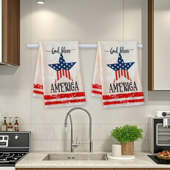 4th of July Kitchen Towels Vintage Patriotic Memorial Day Hand Towels for Kitchen Bathroom Red White Blue Star American Flag Decor Dish Microfiber Towels for Home Gift Independence Day