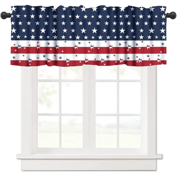 4th of July Kitchen Valances Curtain, America Flag Independence Day Blue Red Star Stripe Window Treatment Valances Short Curtains Rod Pocket Drape for Dining Room Home Farmhouse Decor, 54x18inch