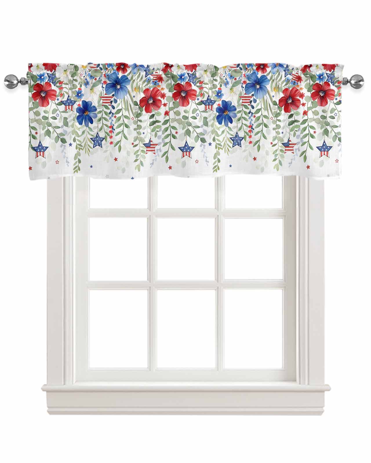 Blue Red Spring 4th of July Kitchen Valances for Windows Farmhouse Linen Window Valance ...