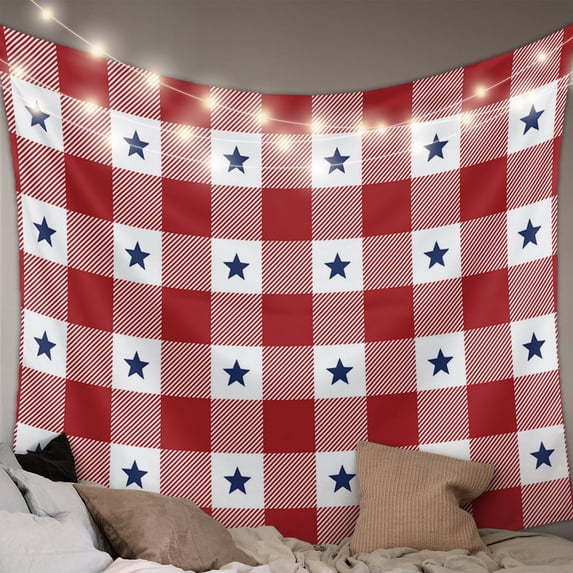 4th of July Large Tapestry for Bedroom Wall Hanging Tapestry,Independence Day Red White Plaid Blue Star Ceiling Backdrop Tapestries Poster Blanket Wall Decor for Teens Room Living Room 86" x 104"