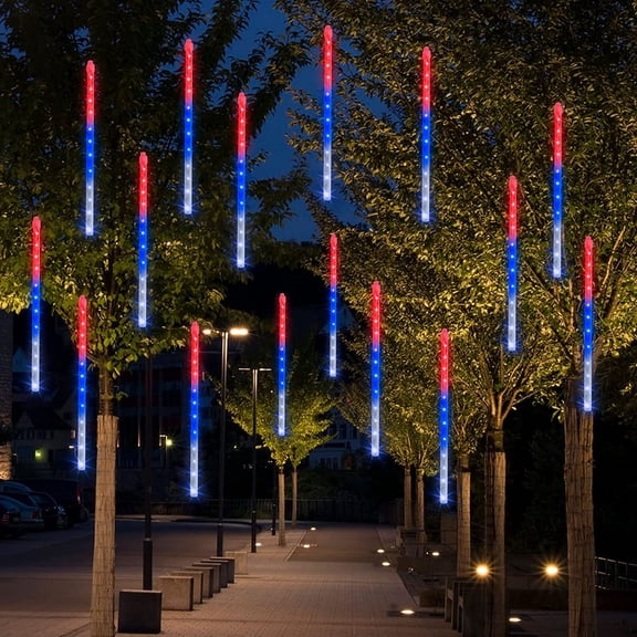 4th of July Lights Decorations, 288LED Red Blue and White Meteor Shower Rain Lights 12Inch 8 Tubes, Waterproof Plug in Falling Rain Light Independence Day for Outdoor Yard
