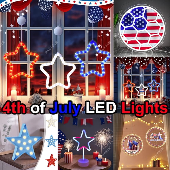 4th of July Lights Flag Star Marquee LED Battery Operated Red White Blue Patriotic Window Decorations for Independence Day Outdoor Hanging by PALIFEUR