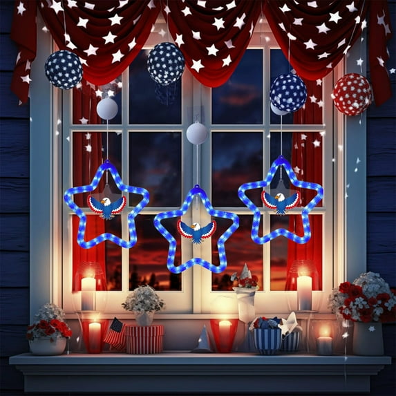 4th of July Lights, Red White and Blue Window Lights with Suction Cup, Battery Operated and Timer Function Patriotic Star Lights for Fourth of July, Memorial Day, Labor Day Decoration